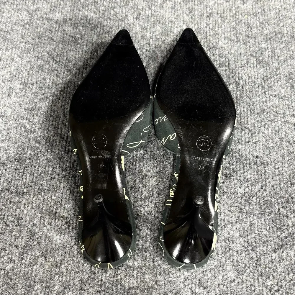 Vintage Chanel Shoes Womens 6 EU 36 Black Cruise Script Print Kitten Heel Mules
